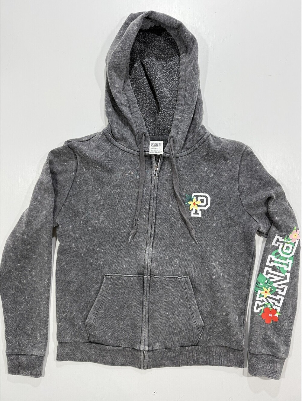PINK Victorias Secret Womens S Gray Acid Wash Sherpa Lined Full Zip Hoodie - Picture 2 of 11